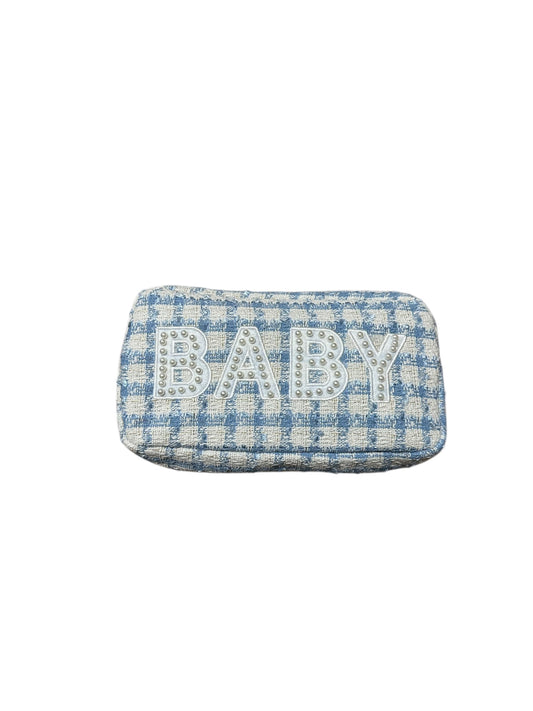 Blue and white checkered baby pouch