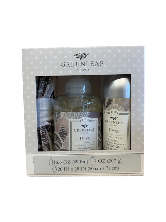 Haven hand soap, room spray, and tea towel gift set