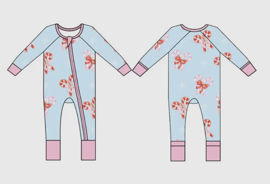 Candy Cane Bow Zipper Onesie- Sweet Bay co.