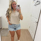 Brown Striped Split Neck Collared Top