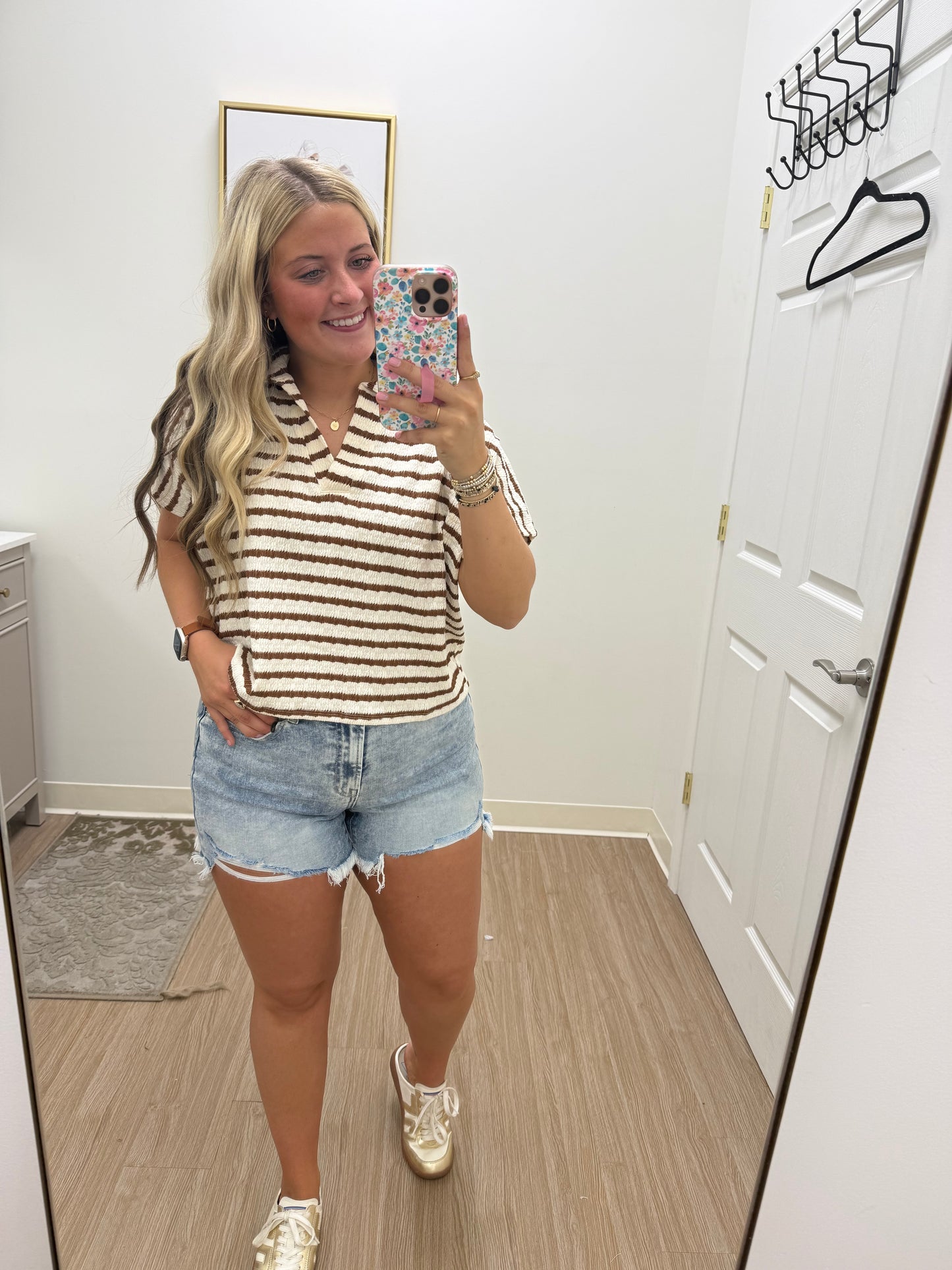 Brown Striped Split Neck Collared Top