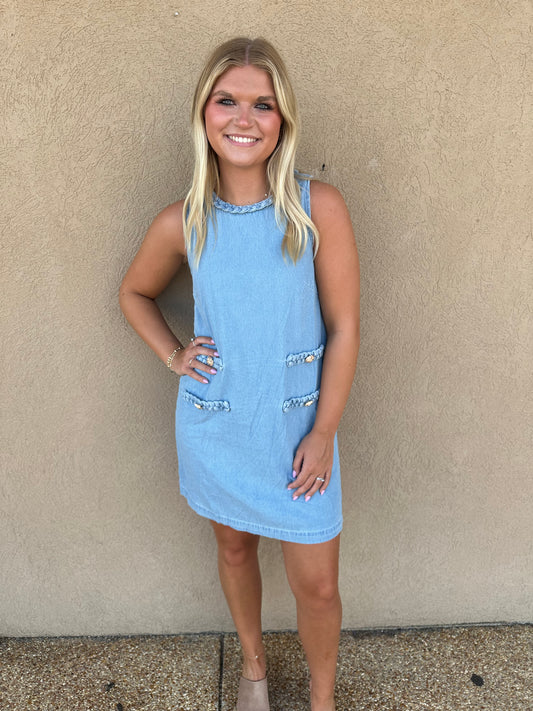 Denim dress with braided neck