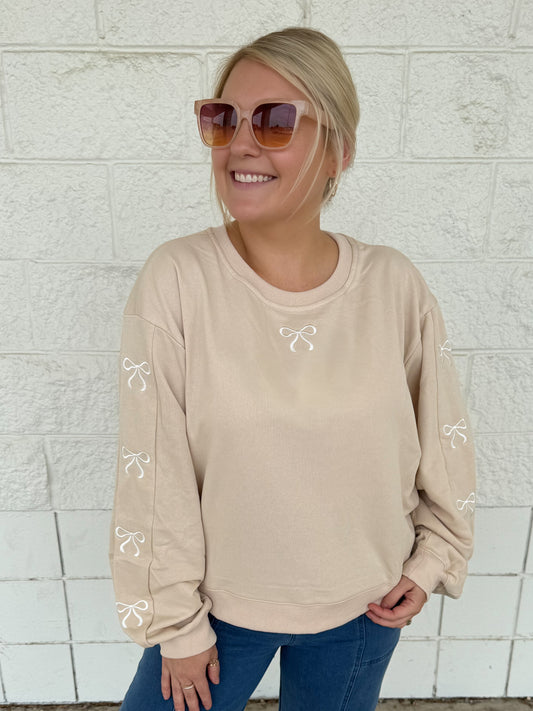 Taupe Bow Crewneck Sweatshirt Main Strip