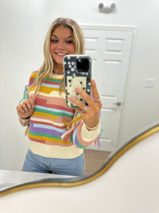 Color Block Tassel Trim Drop Shoulder Sweater