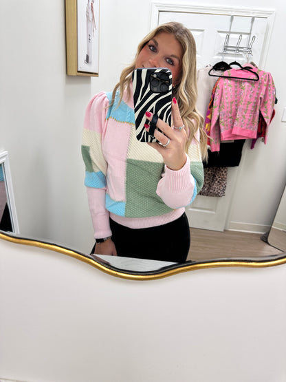 Pale Pink Color Block Patterned Turtleneck Sweater