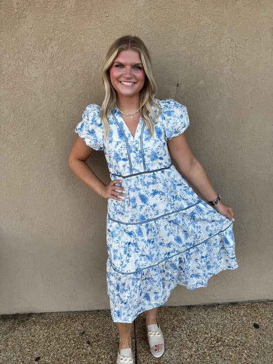 Blue floral midi dress