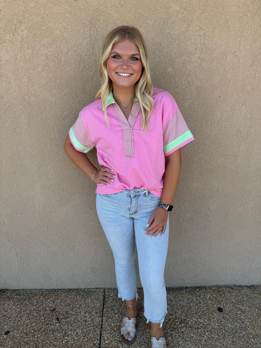 Pink and green vneck top