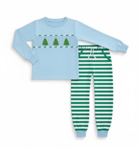 Green and Blue Smocked Christmas Tree Set