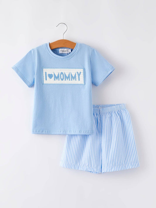 "I ❤ MOMMY" Embroidery Smocking Baby Boys Striped Shorts Set