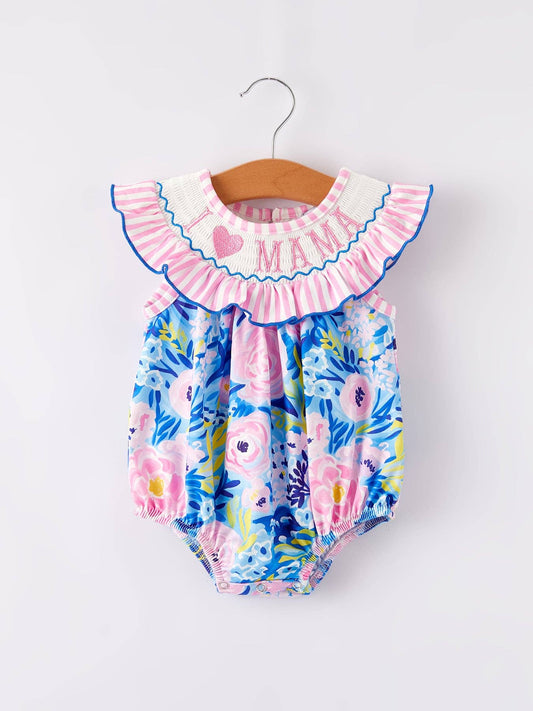 “I ❤ MAMA”Embroidery Smocking Baby Girls Romper