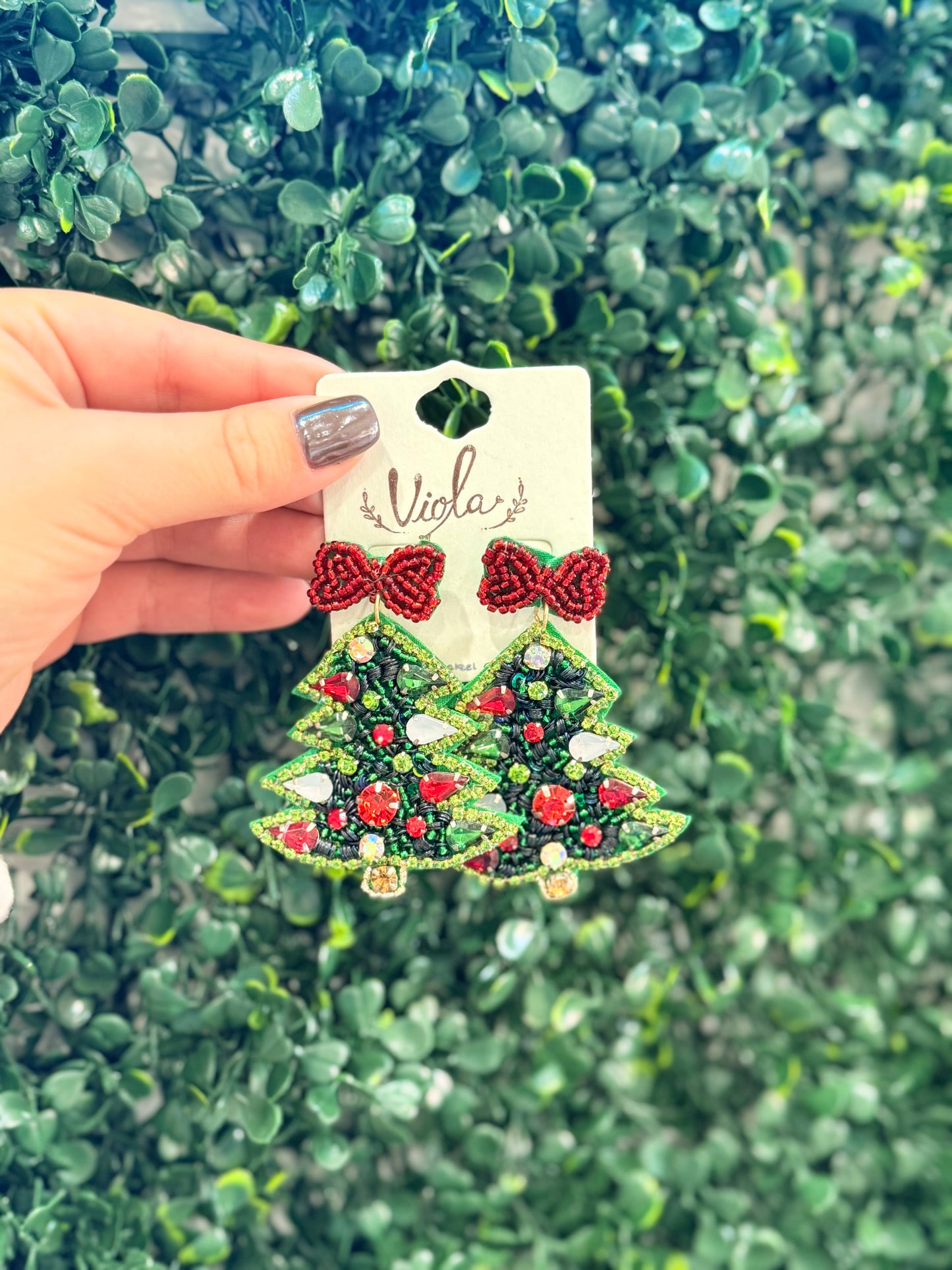 Beaded Red Bow Christmas Tree Earrings