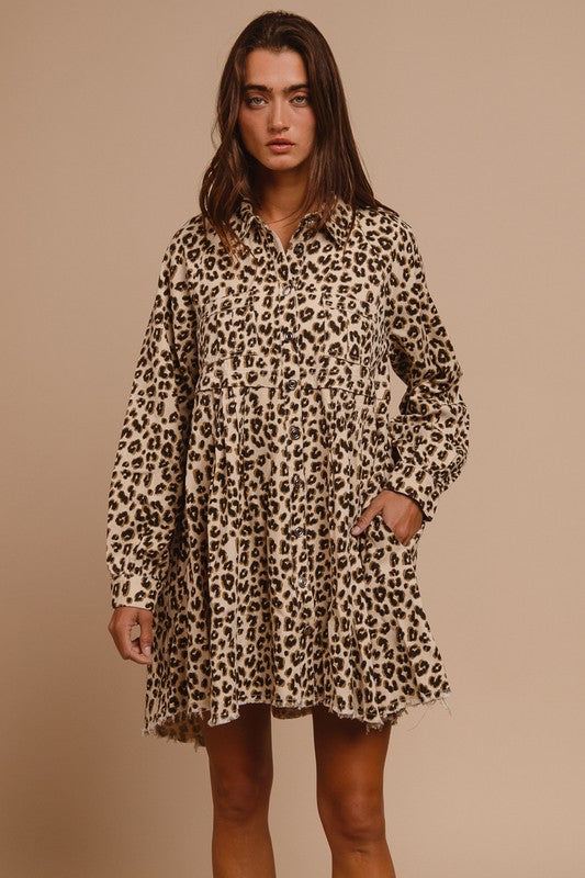 Leopard washed denim button down dress