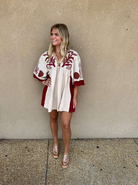 Vintage Embroidery Patch Dress: Burgundy