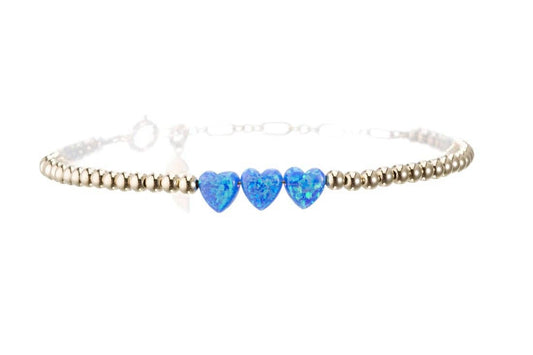 TRIPLE HEART OPAL BRACELET: Pacific Blue / 14KG Filled / Stretchy 6.5"