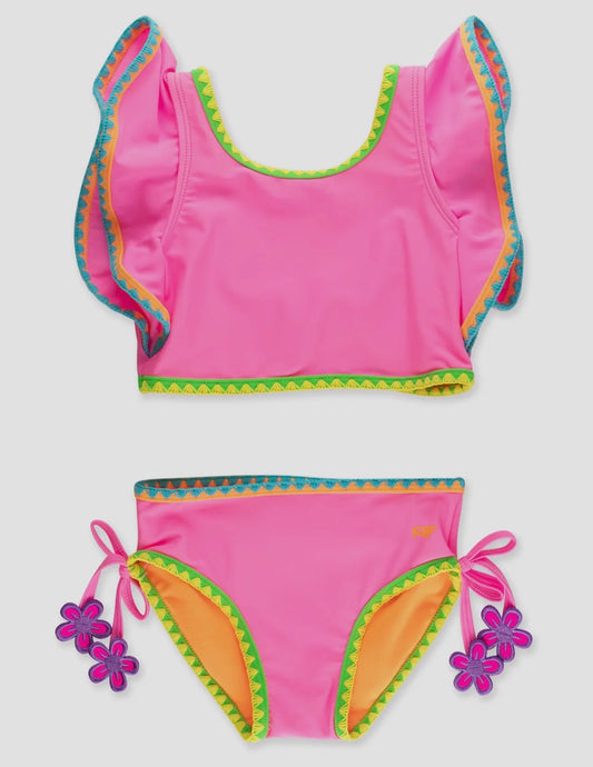 Neon Pink Crochet Detail Butterfly Tankini 2-Piece Swimsuit