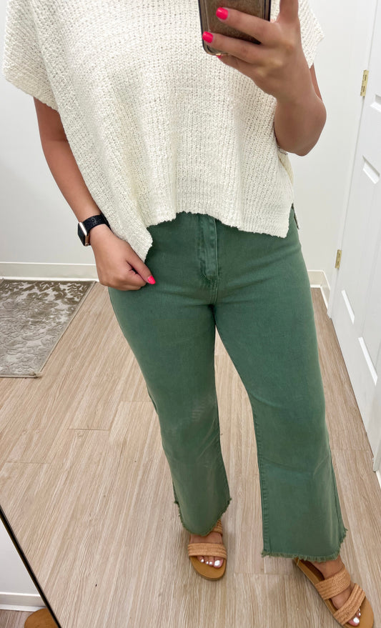 Acid Wash Cutoff Hem Straight Leg Jeans- Olive