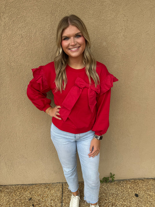 Red bow shirt with ruffles