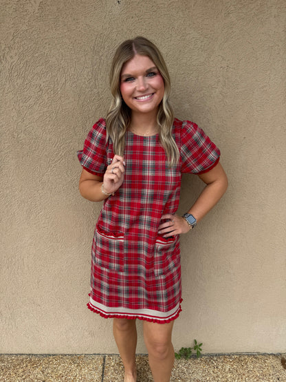 Red plaid ruffle dress