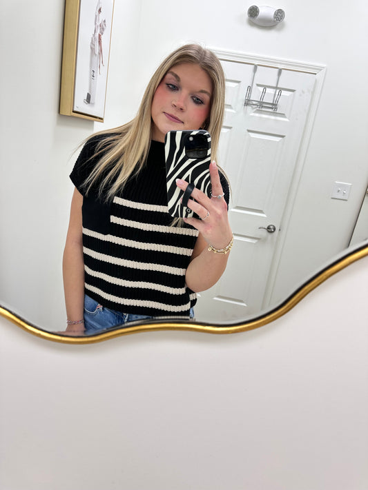 Black w/ White Stripe Short Sleeve Sweater