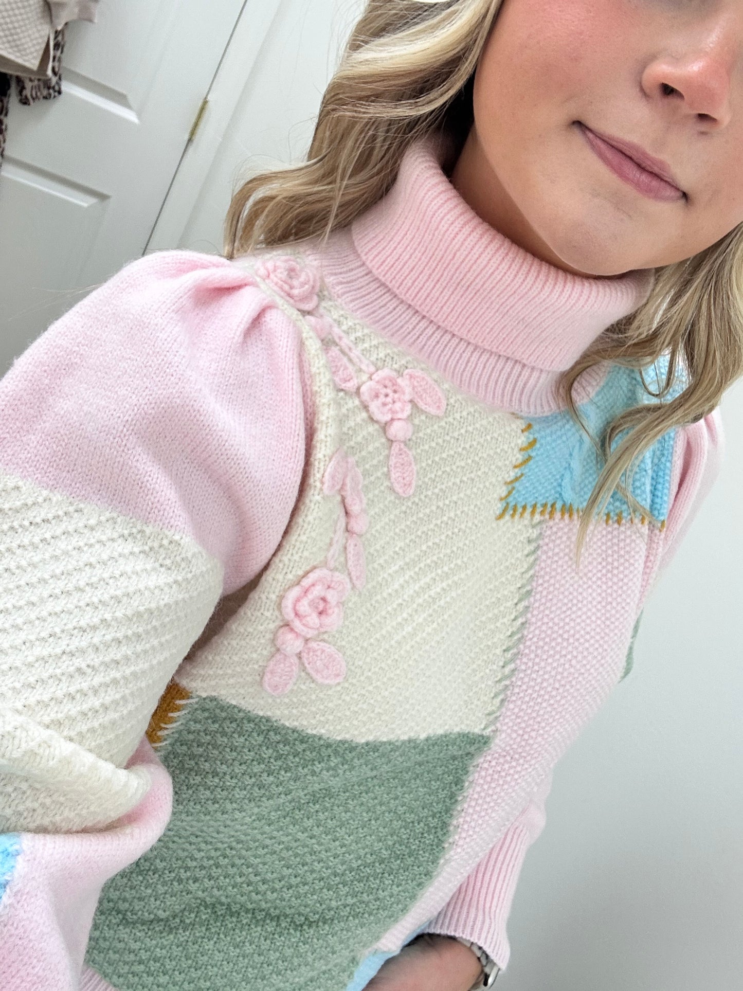 Pale Pink Color Block Patterned Turtleneck Sweater