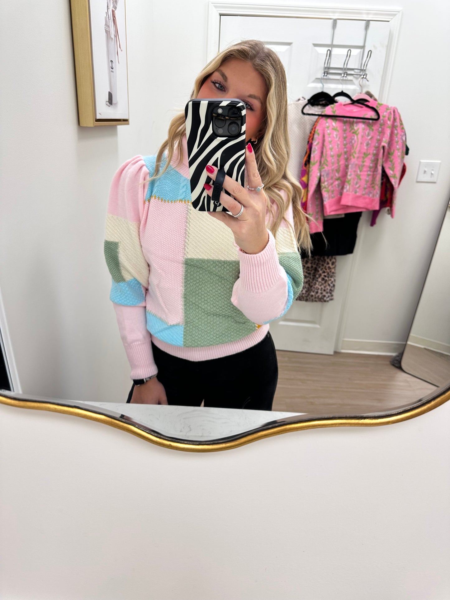 Pale Pink Color Block Patterned Turtleneck Sweater