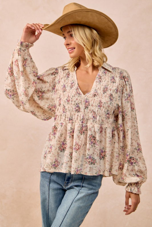 Floral Balloon Sleeve Top