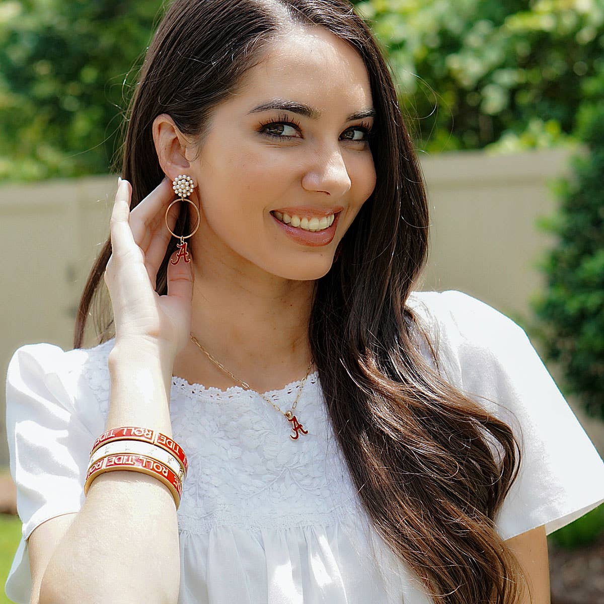 Alabama Crimson Tide Pearl Cluster Enamel Hoop Earrings