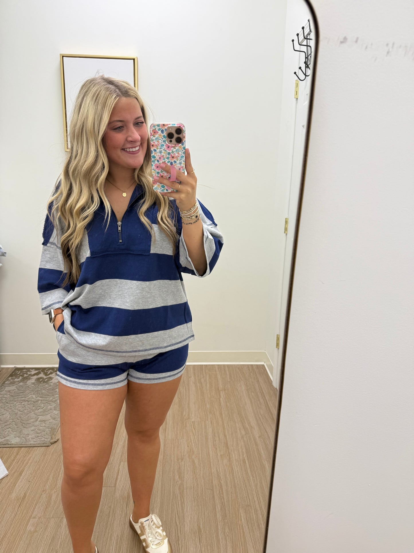 Striped Navy Half Zip Short Set