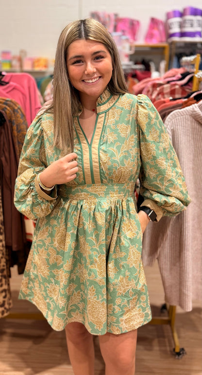 Heirloom Harmony Dress- Sage and Tan