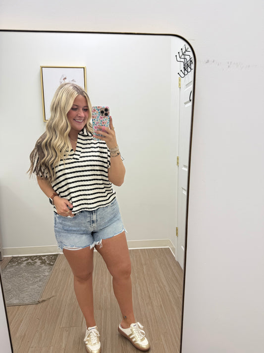 Black Striped Split Neck Collared Top