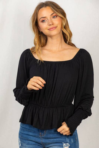 Long Sleeve Solid Knit Top: Black