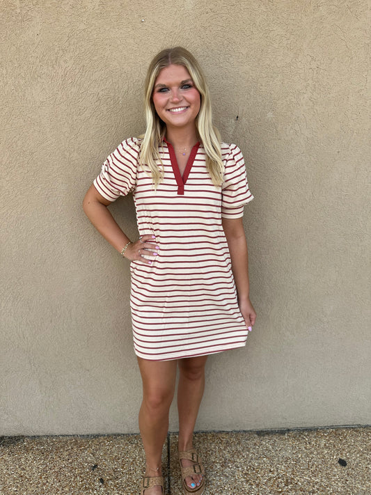 Rust Ecru Striped V-Neck Dress