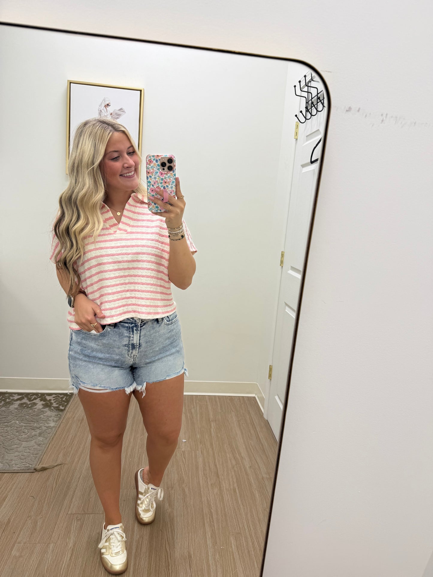 Pink Striped Split Neck Collared Top