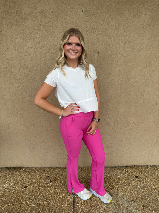 Neon pink v waist flared leggings