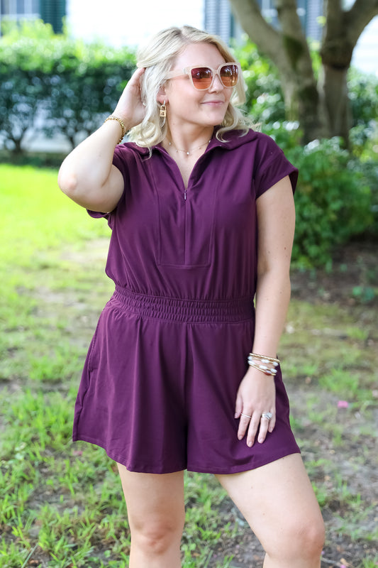 Cassis Short Sleeve Quarter Zip Romper