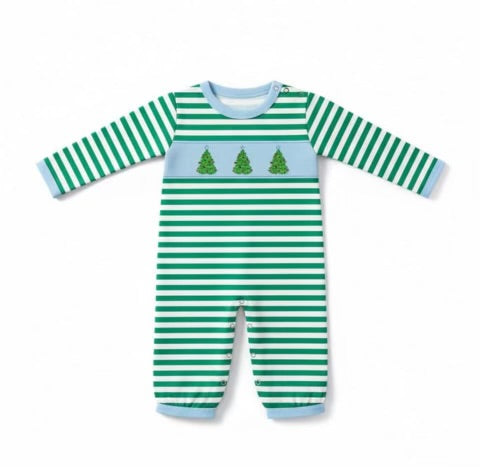 Christmas Tree Smocked Green Stripe Romper
