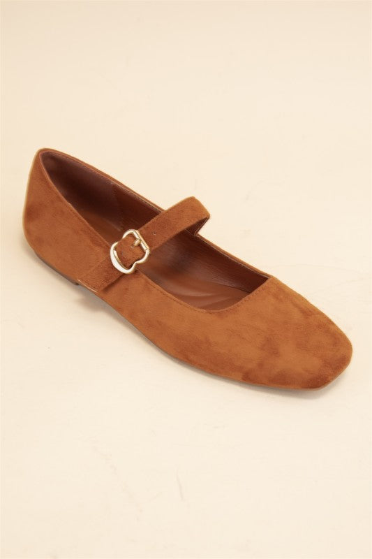 Charlotte Buckle Square Toe Flats-Cognac