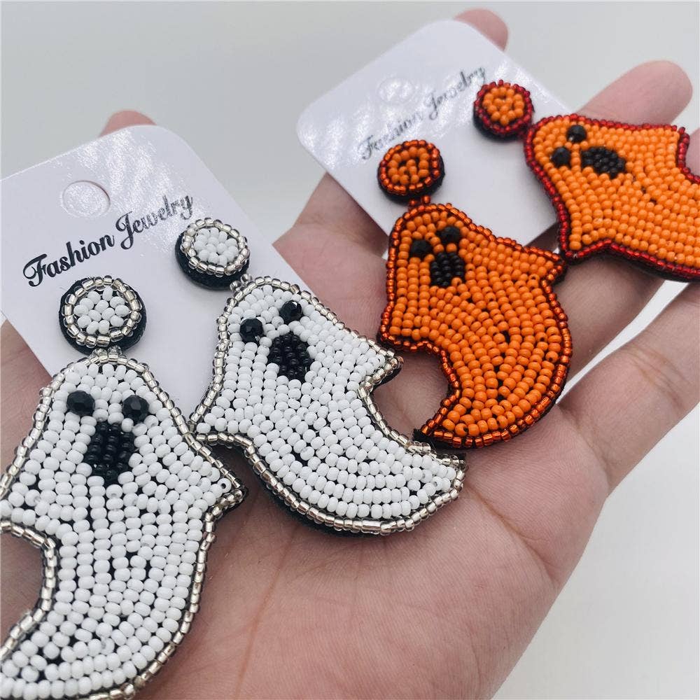 Hand-woven Beads Ghost Halloween Post Earrings: E69013 white