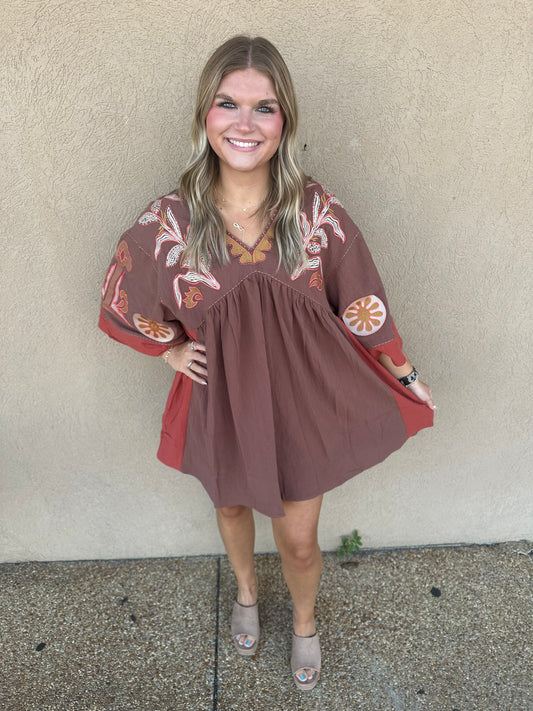 Mocha embroidered dress