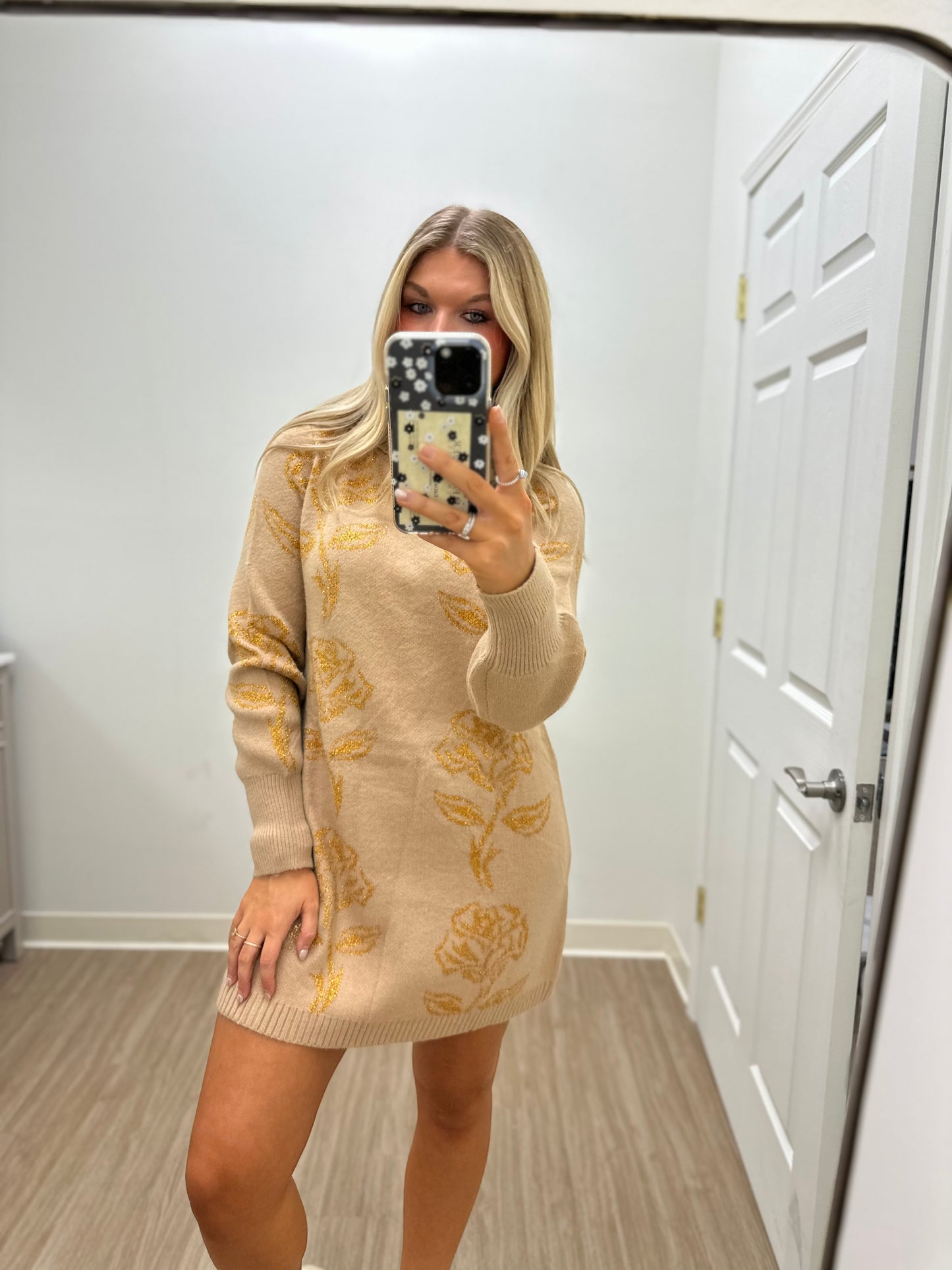 Taupe Flower Print Turtleneck Dress