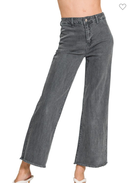 Acid Wash Cutoff Hem Straight Leg Jeans- Black