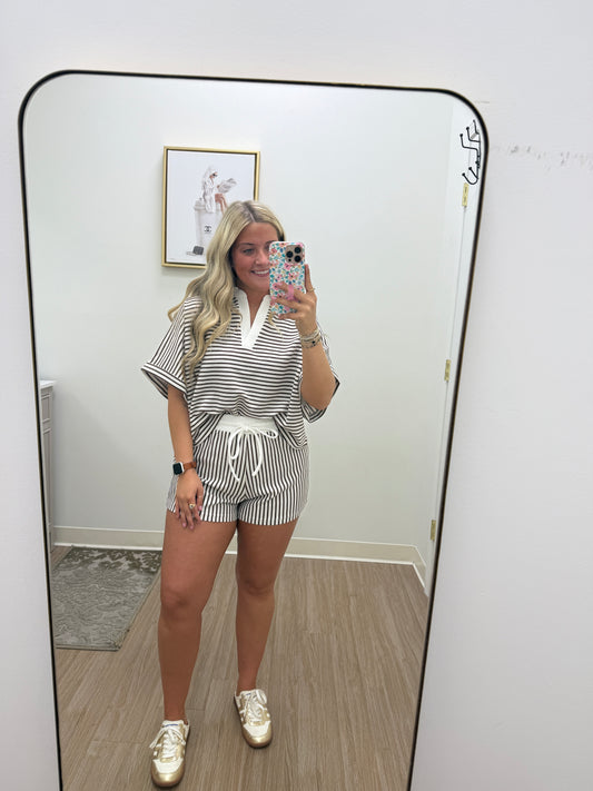 Brown Stripe Collared Short Set