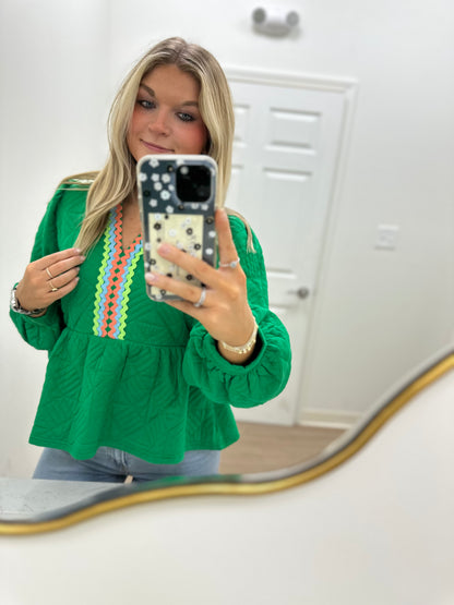 Green Textured Colored Trim Peplum Top