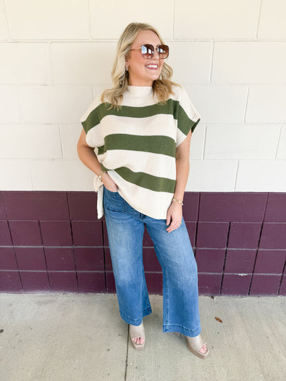Olive Green & Ivory Striped Sweater-Jodifl