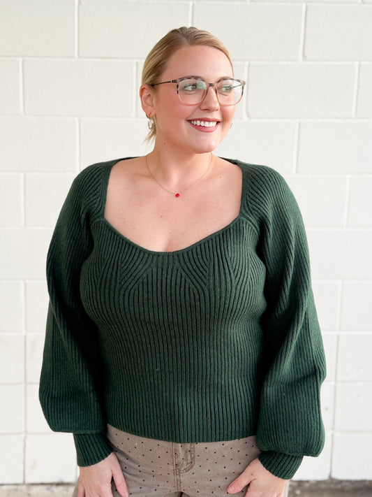 Evergreen Holly Sweetheart Neck Sweater