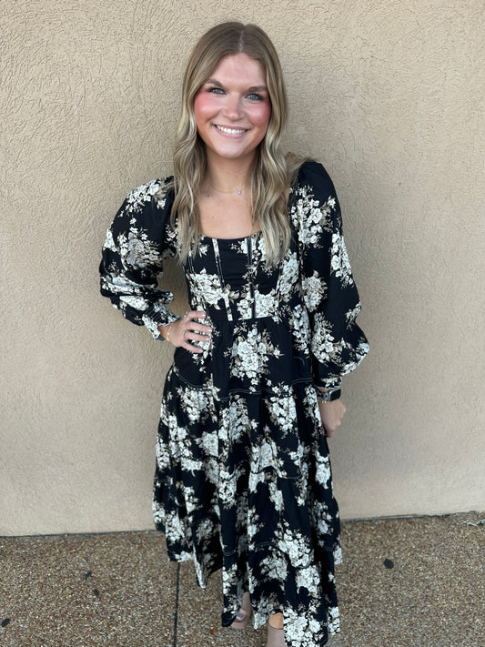 Black and cream midi floral dress