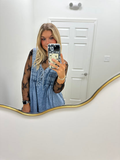 V-neck Puff Sleeve Blue Denim Romper