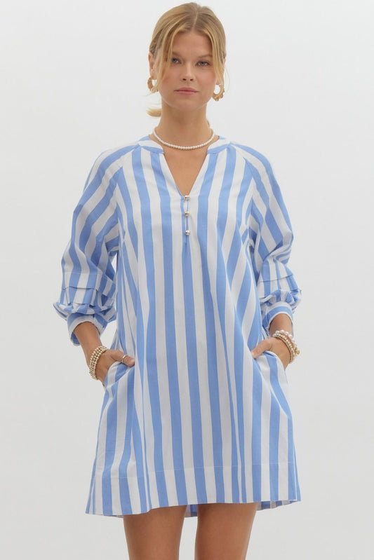 Blue and white striped dress with gold buttons