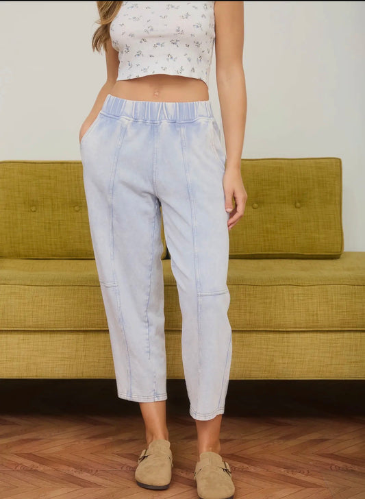 Acid wash Knit Denim Joggers - Light Blue