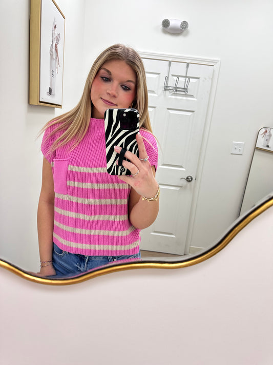 Candy Pink Stripe Short Sleeve Sweater